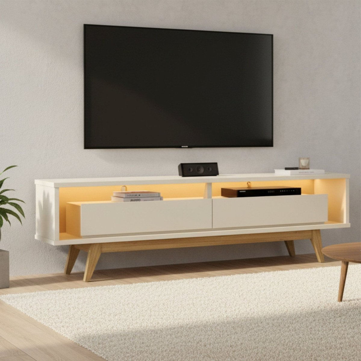 Rack Para Tv 65 Polegadas Com Led E 2 Gavetas Roma Off White