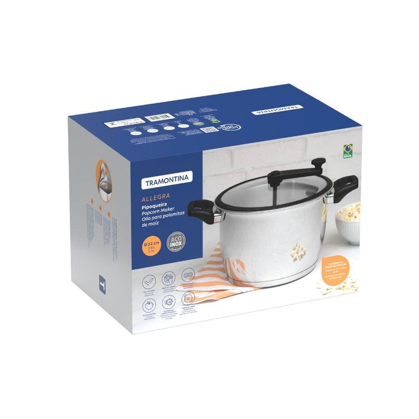 Pipoqueira Allegra Aço Inox Fundo Triplo E Tampa De Vidro 22cm 5,6l - Tramontina 62658220 - imagem 3