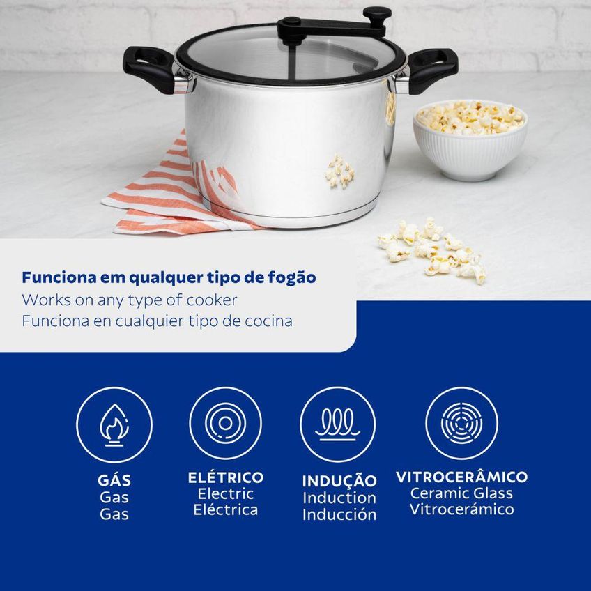 Pipoqueira Allegra Aço Inox Fundo Triplo E Tampa De Vidro 22cm 5,6l - Tramontina 62658220 - imagem 4