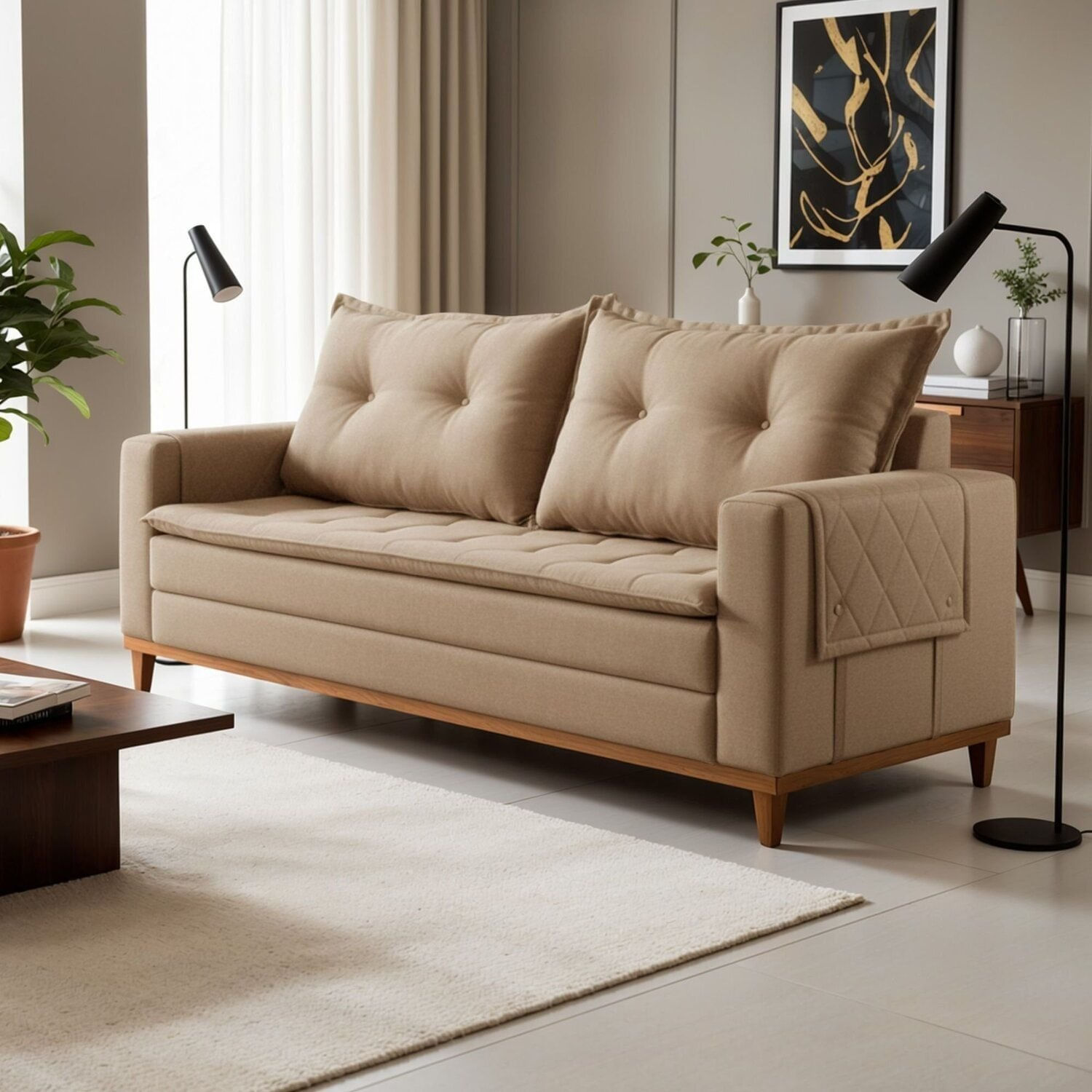 Sofá Living 2 Lugares 210cm Com Base De Madeira Sidney Bege