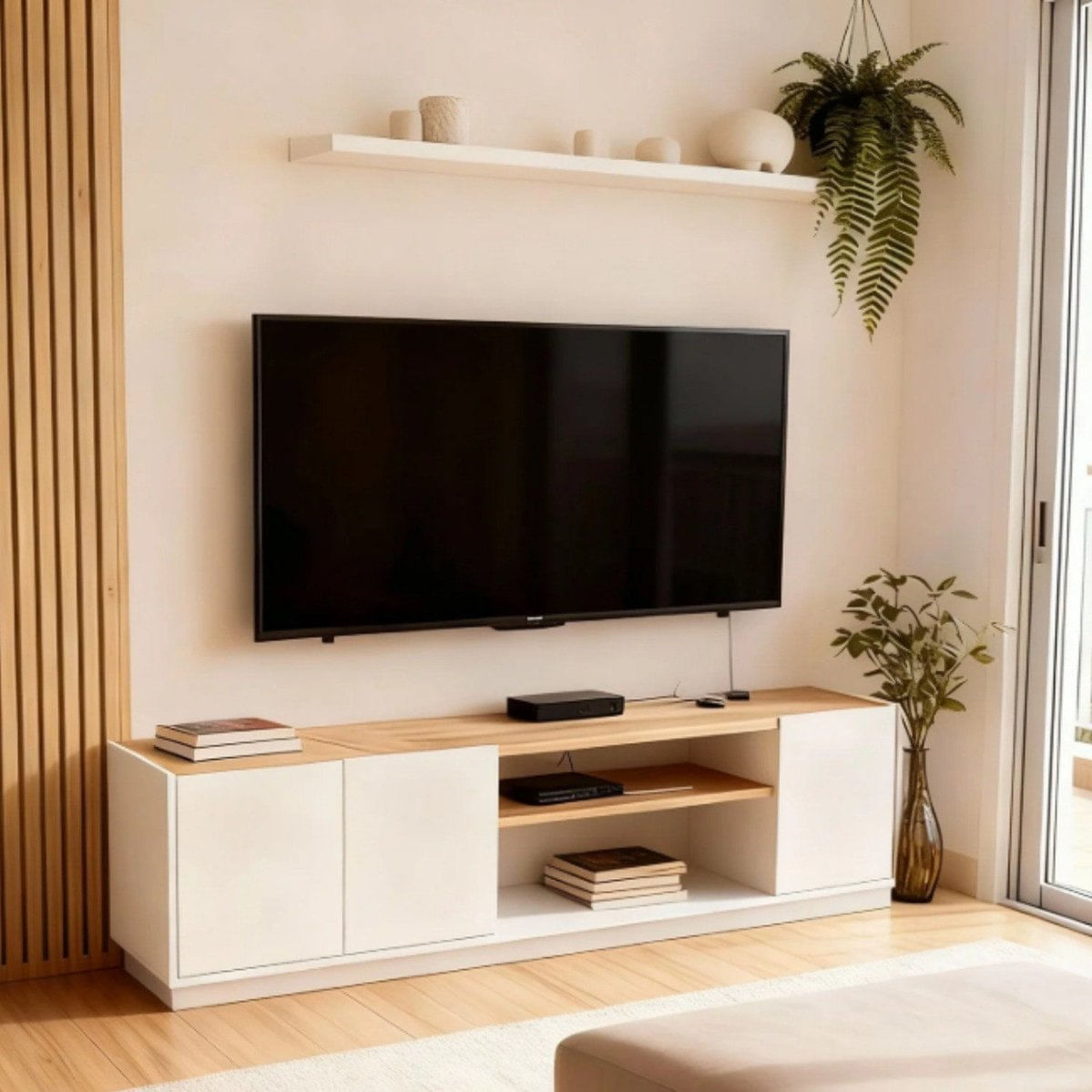 Rack Para Tv 155cm Com Portas Nicho Central E Rodapé Branco