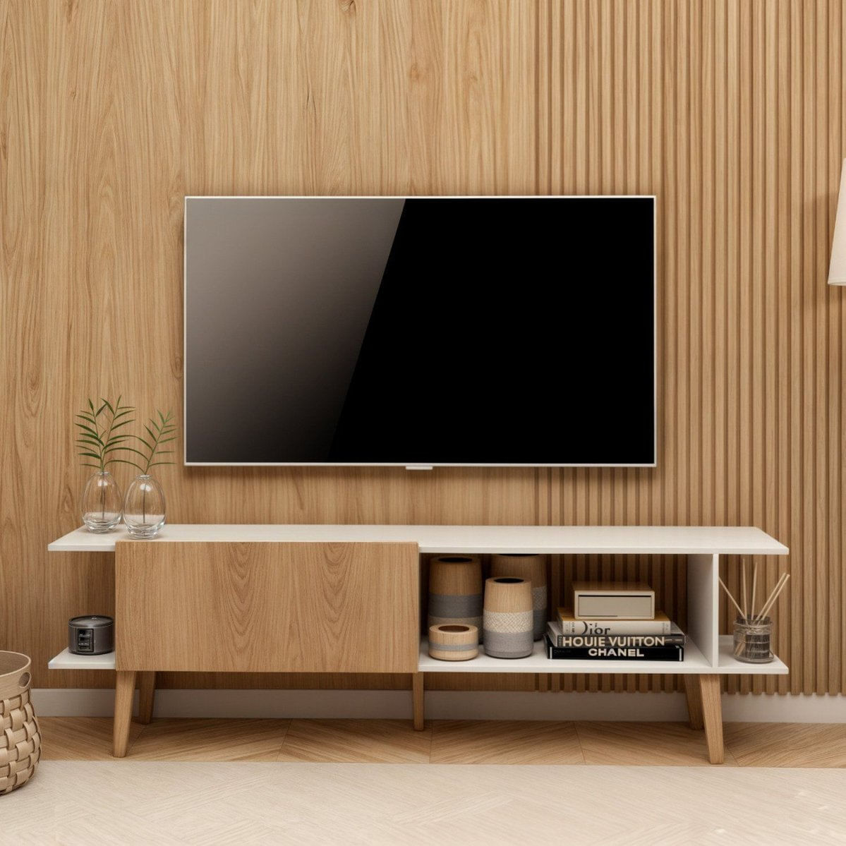 Rack Tv Sala Estante Nicho 55 Polegadas Branco E Amadeirado