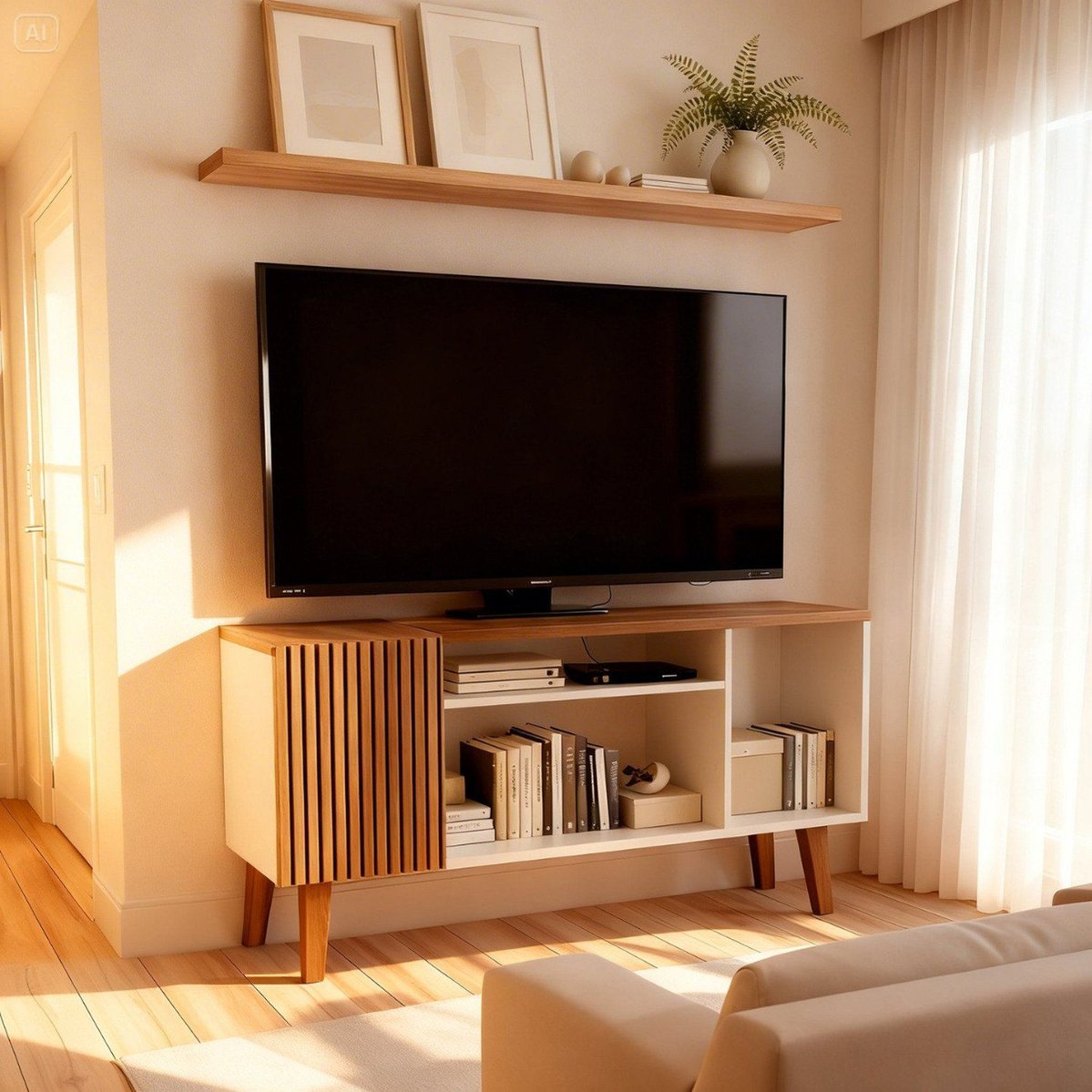 Rack Para Tv Até 55 Polegadas Retro 1 Porta Ripada Branco E Amadeirado