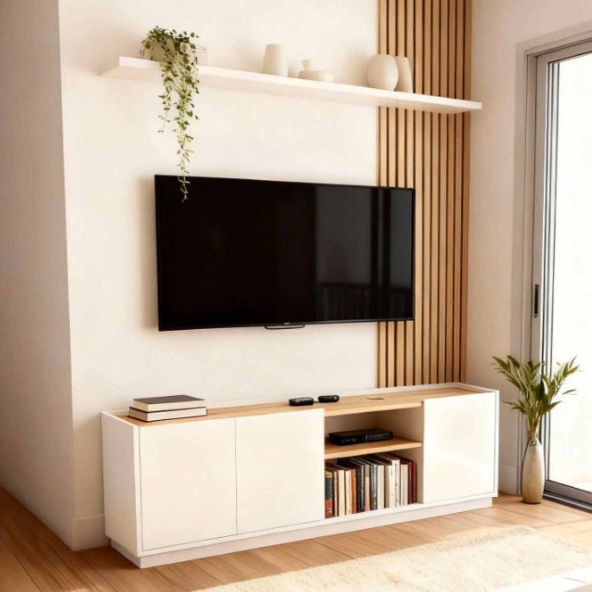 Rack Home Para Tv 55 Polegadas Sala Moderna Branco E Amadeirado