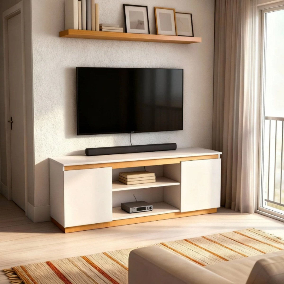 Rack Para Tv Até 45 Polegadas Cava Home Sala Branco E Amadeirado