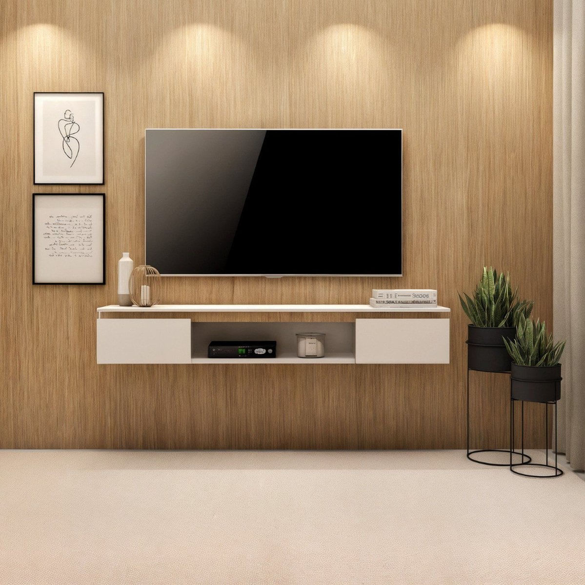 Rack Suspenso Clean Para Sala Moderna Branco E Amadeirado