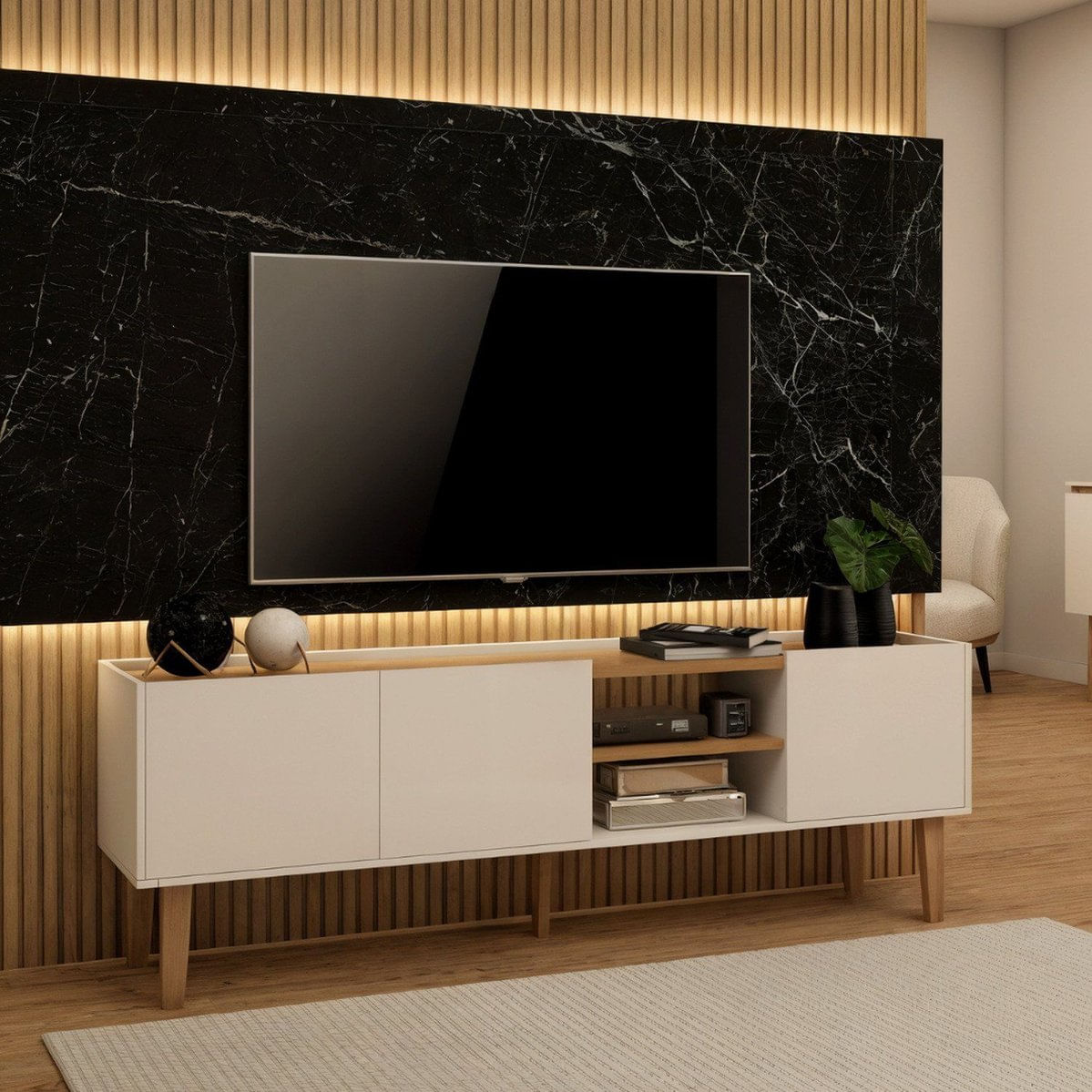 Rack Para Tv 60 Polegadas Multiuso Compacto Com Prateleiras E Nicho Branco E Amadeirado