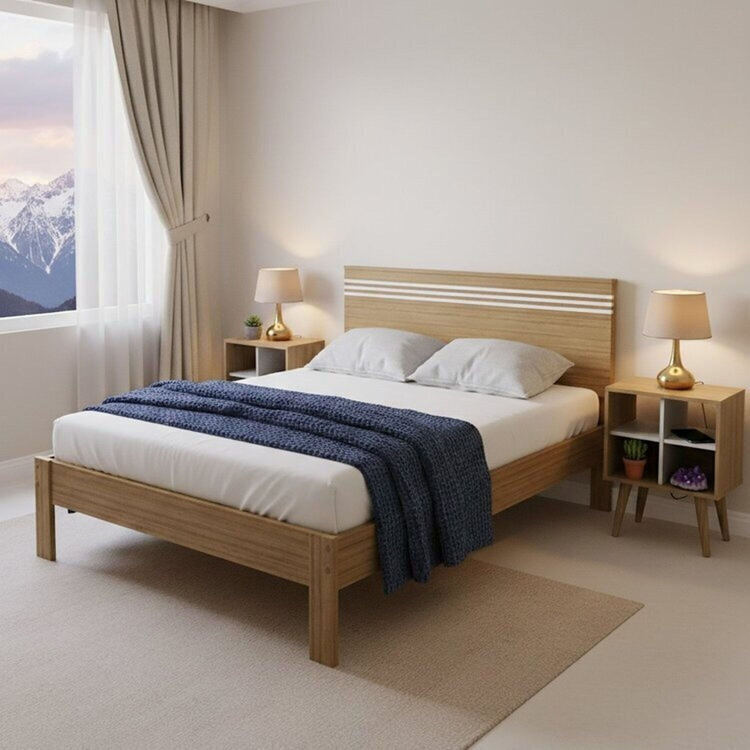 Conjunto Cama Casal Com 2 Mesas De Cabeceira Amêndoa/off White