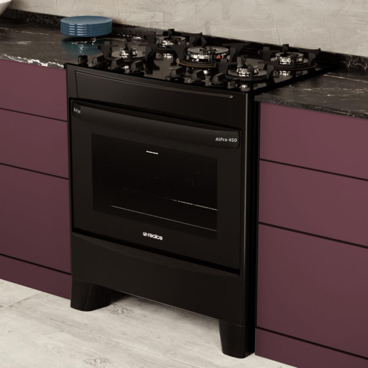 Fogão 5 Bocas Realce Eletrodomésticos Alpro 450 Preto Mesa em Vidro - 110v