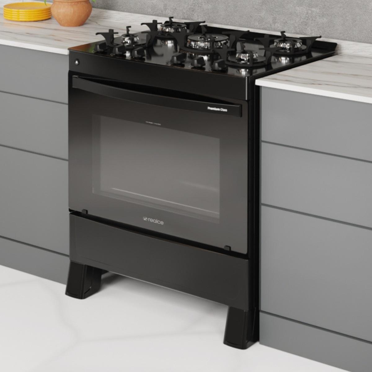 Fogão 5 Bocas Realce Eletrodomésticos Premium Glass Preto Mesa em Vidro - Bivolt - 34907