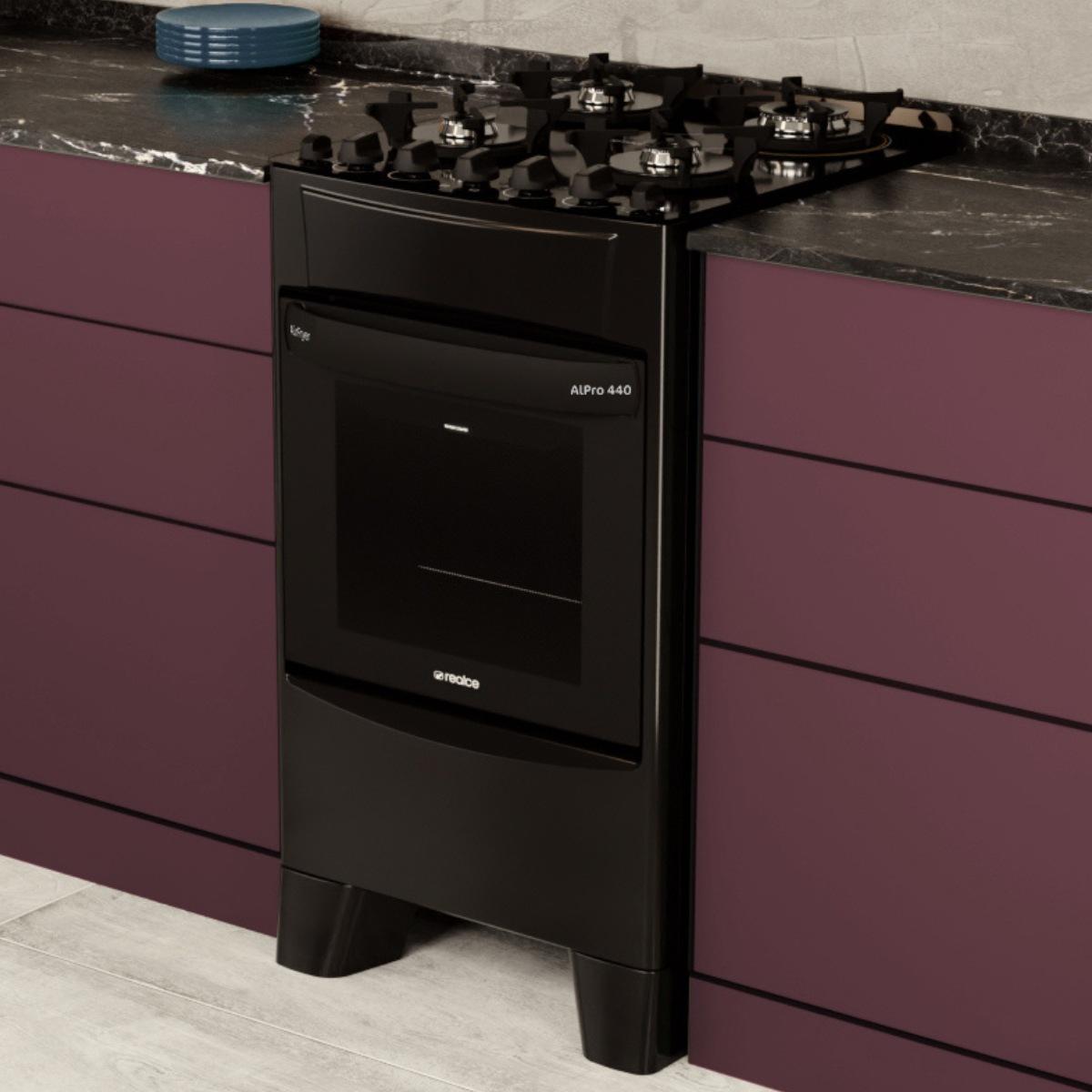 Fogão 4 Bocas Realce Eletrodomésticos Alpro 440 Preto Mesa em Vidro - 220v