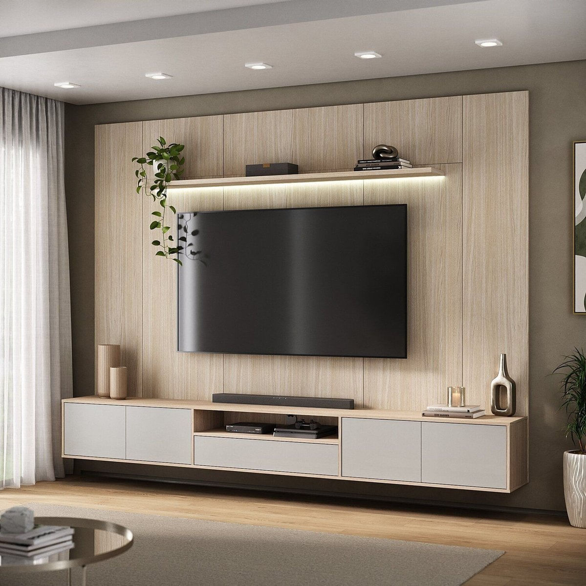 Painel Para Tv 89 Polegadas Com Rack Integrado E Led 100% Mdf 4 Portas 1 Gaveta Yescasa Galiano Grann/argila