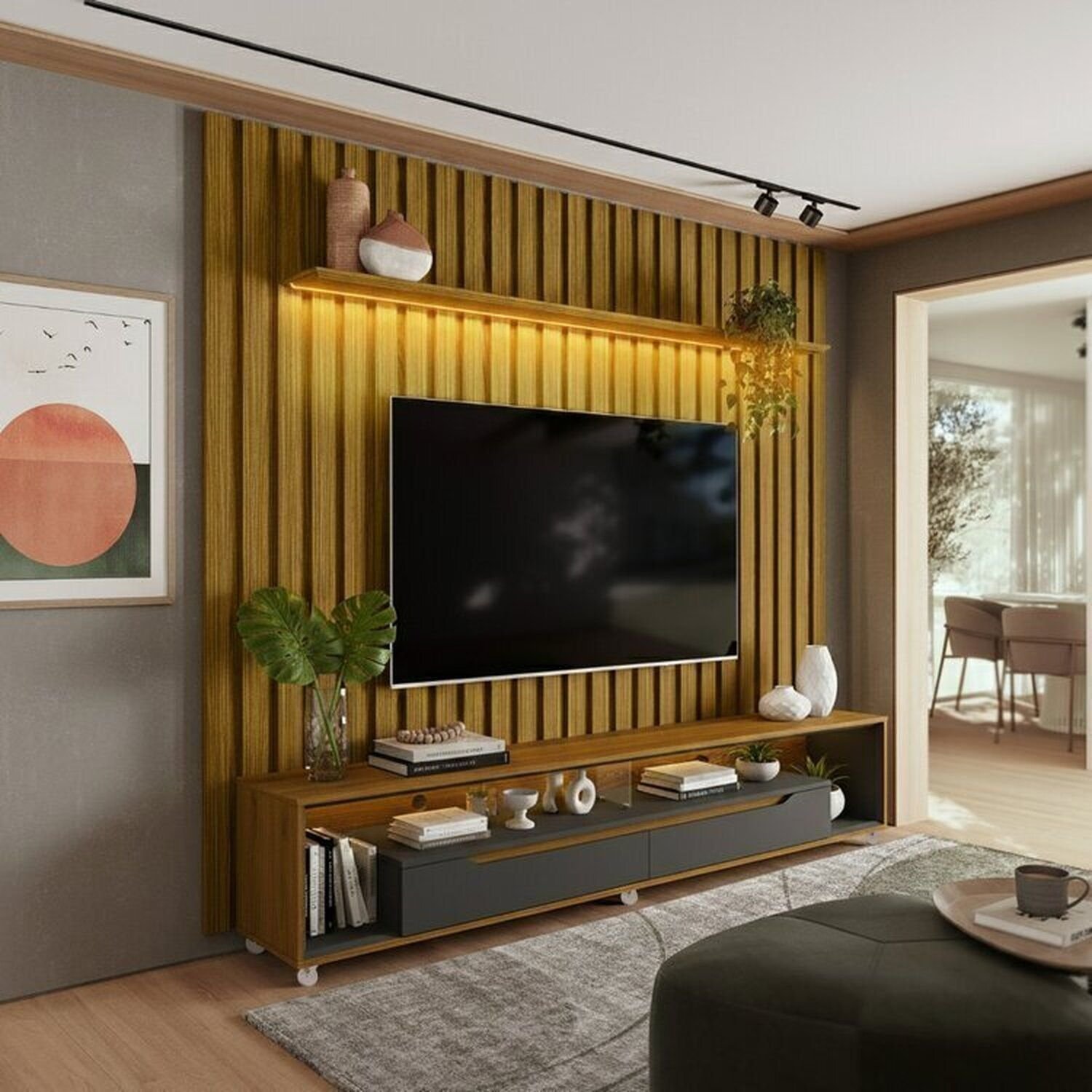 Painel Ripado Com Led London 222cm E Rack Loop Com Rodízios Tv 70 Polegadas – Olivar Móveis Preto Cedro/ Preto