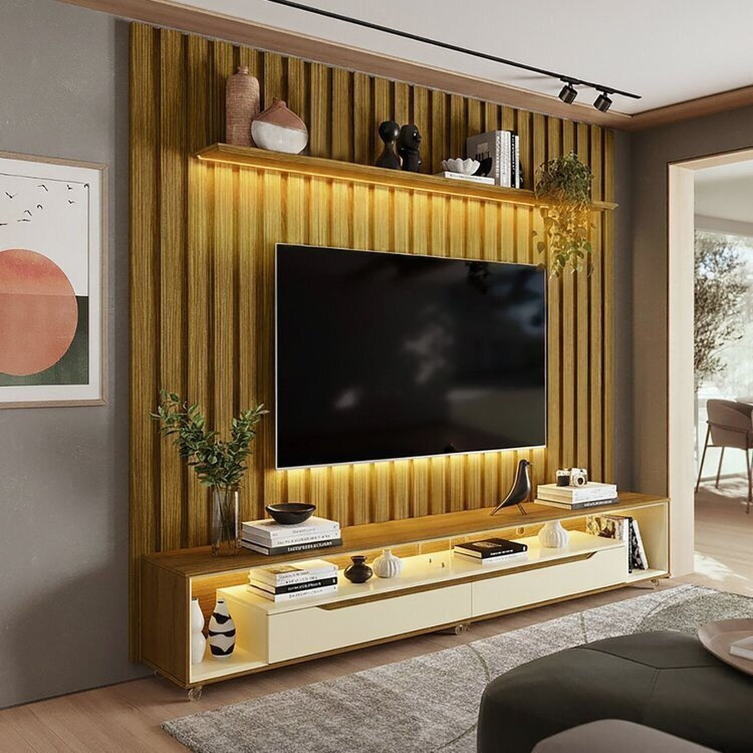 Painel Ripado Com Led London 222cm E Rack Loop Com Rodízios Tv 70 Polegadas Cedro/ Off White