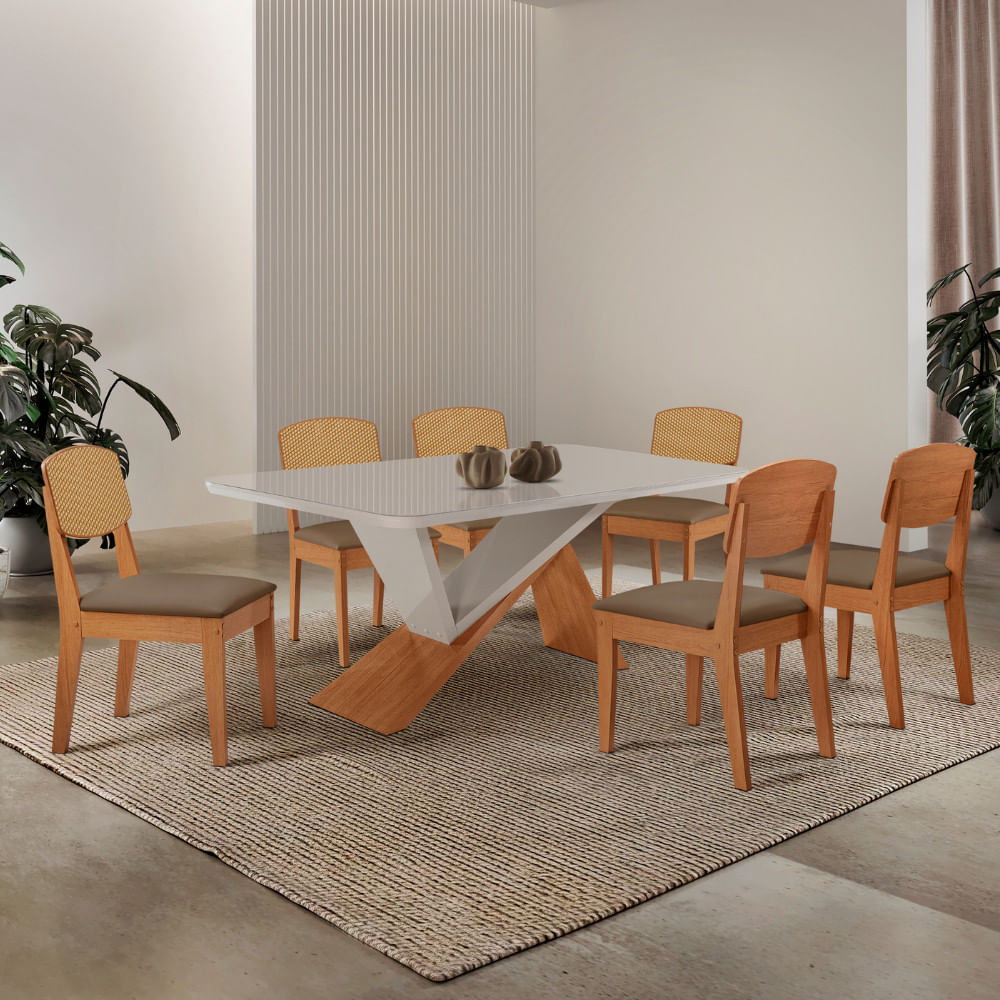 Mesa De Jantar Yasmin 180cm Tampo Mdf Vidro Canto Copo Com 6 Cadeiras ...