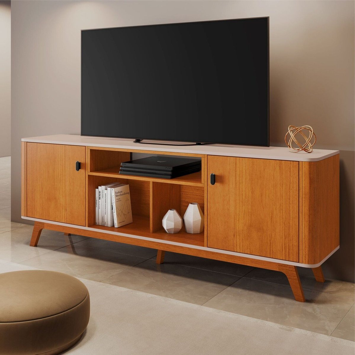 Rack Bancada Para Tv Até 70 Polegadas 1,80m Detalhes Curvos E Pés Madeira Maciça Cinamomo/Off White