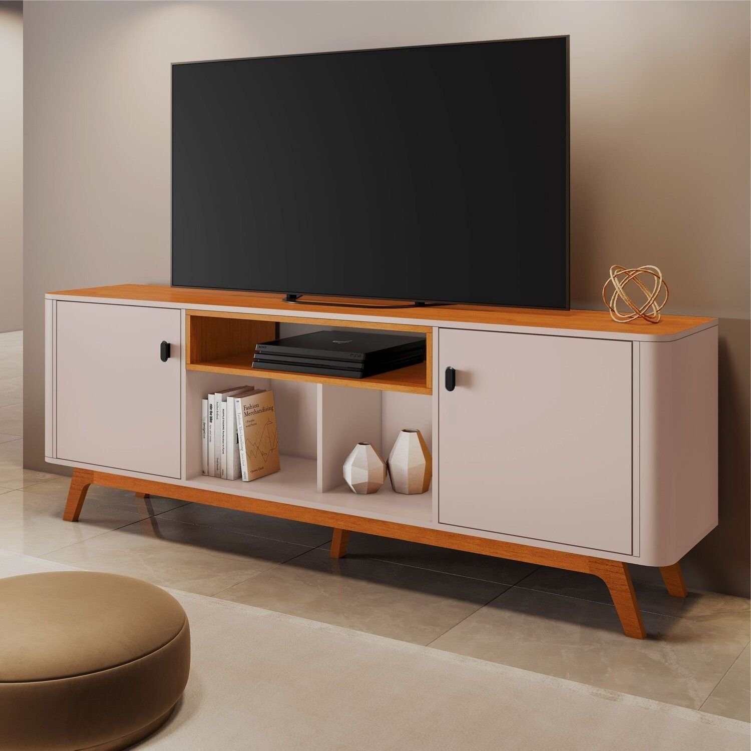 Rack Bancada Para Tv Até 70 Polegadas 1,80m Detalhes Curvos E Pés Madeira Maciça Oslo Off White/cinamomo