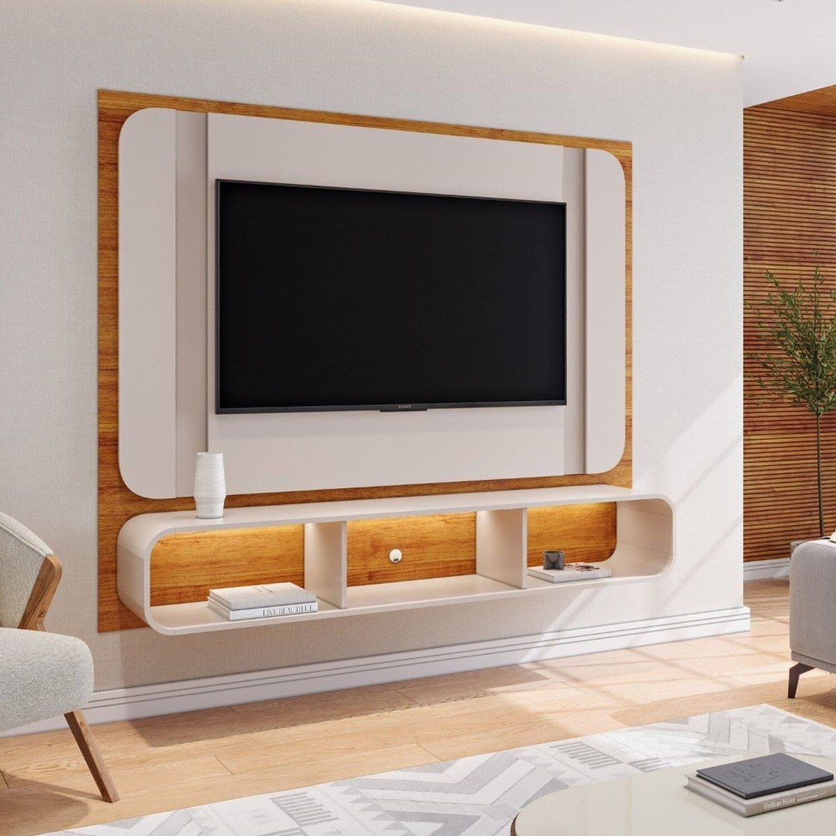 Painel Para Tv 75 Polegadas Com Led E Nichos Monet Mel/Off White