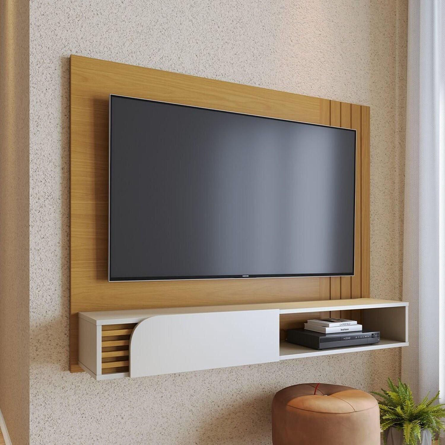 Painel Para Tv 55 Polegadas Ripado Suspenso 1 Porta Jurerê Naturale/Off White Matte
