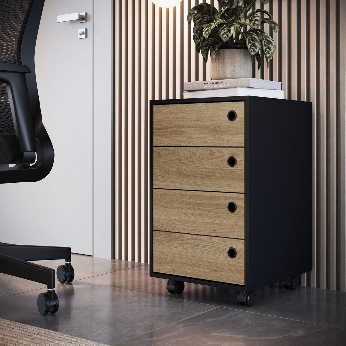 Gaveteiro Para Escritório Multiuso 4 Gavetas Preto / Oak