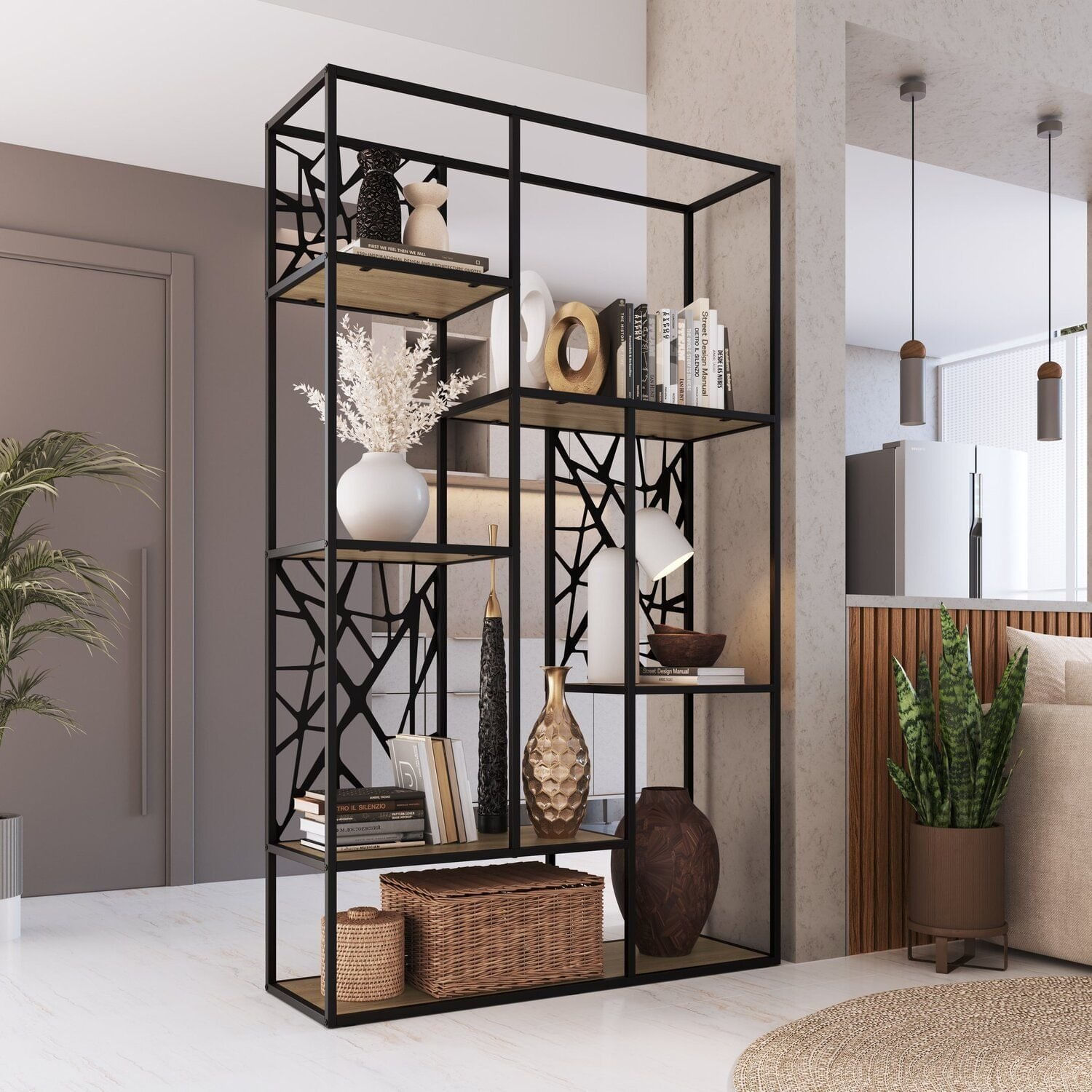 Estante Para Sala De Estar 122cm 6 Prateleiras Destaques Preto/Oak