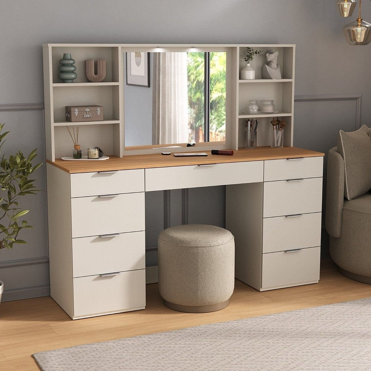 Penteadeira MDF 9 Gavetas Com Espelho E Led Argila/Carvalho Hanover