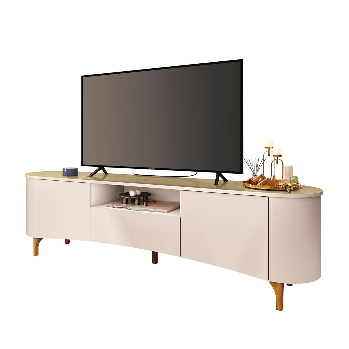 Rack Bancada Elara Tv Até 80 Polegadas Pés Madeira Maciça Off White/Champanhe