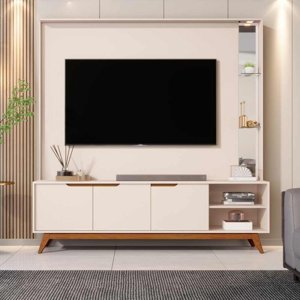 Estante Home Para Tv Até 75 Polegadas 3 Portas Com Pés De Madeira Em Mdf Tucuma Jb Móveis