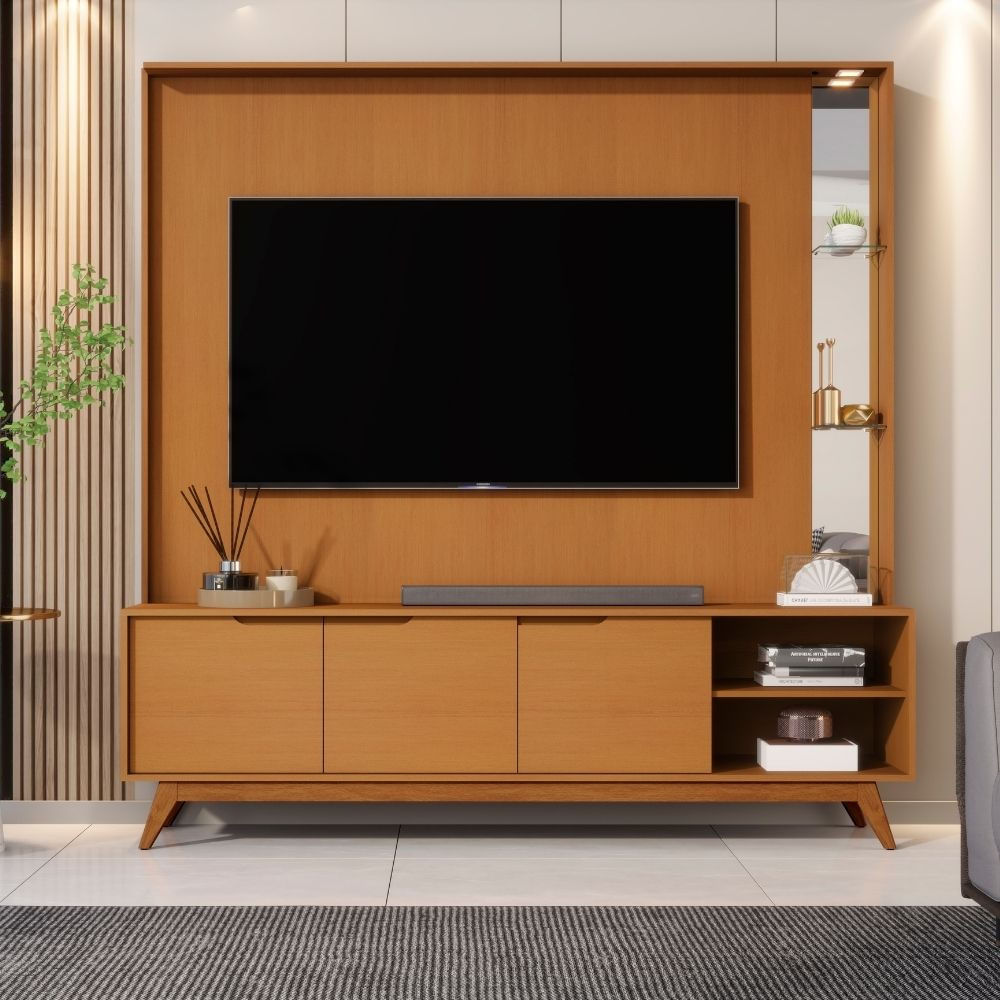 Estante Home Para Tv Até 75 Polegadas 3 Portas Com Pés De Madeira Em Mdf Tucuma Jb Móveis