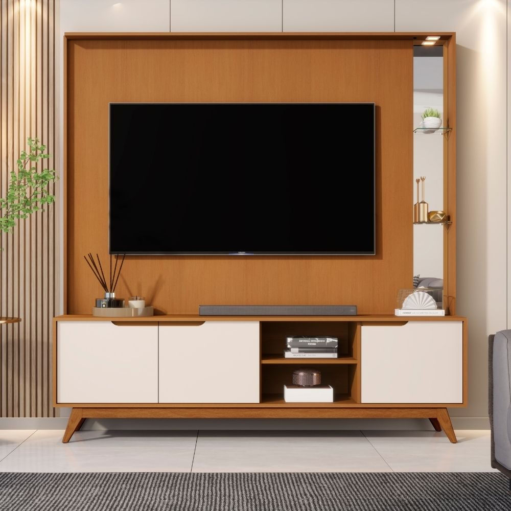 Estante Home Para Tv Até 75 Polegadas 3 Portas Com Pés De Madeira Em Mdf Tucuma Jb Móveis