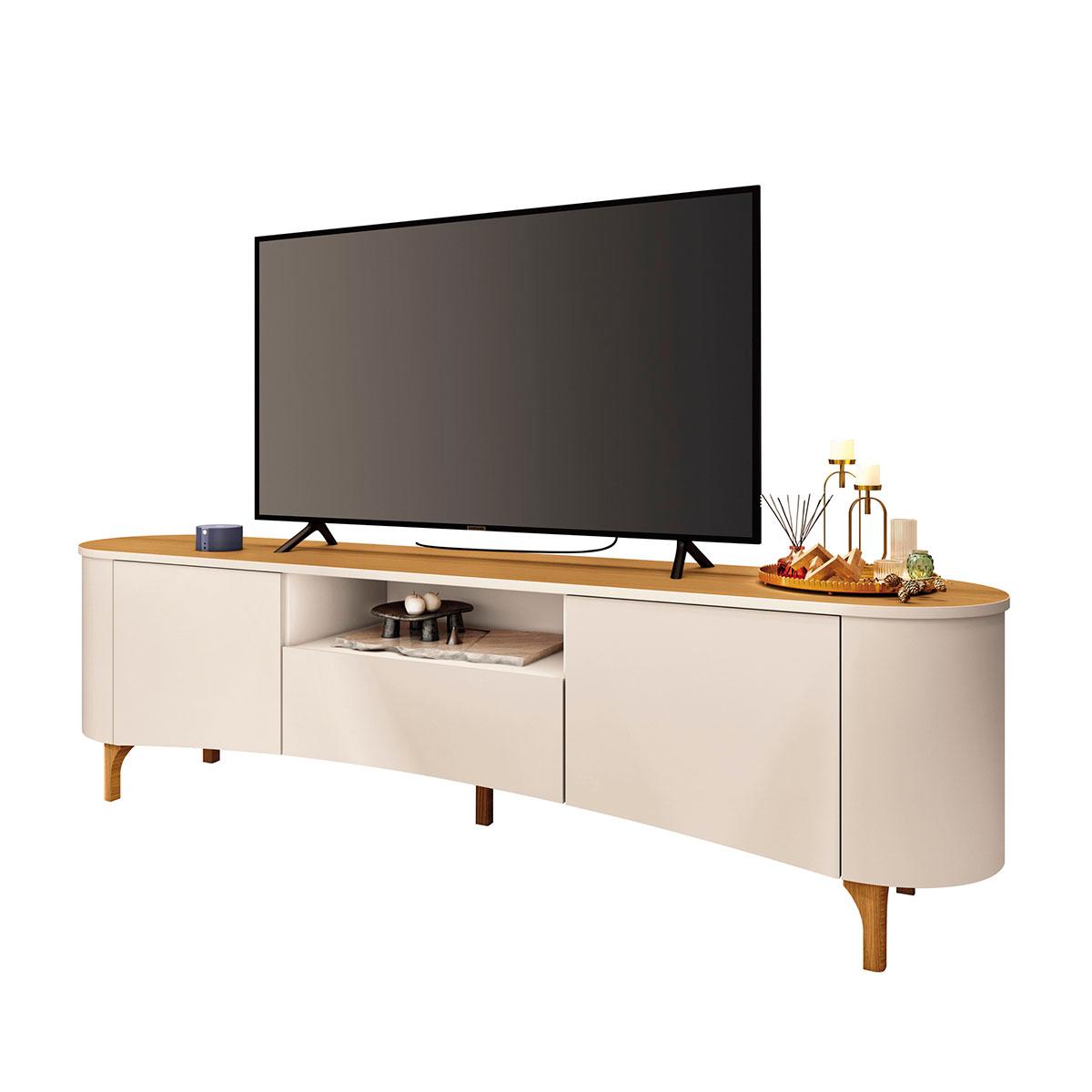 Rack Bancada Elara Tv Até 80 Polegadas Pés Madeira Maciça Off White/cinamomo