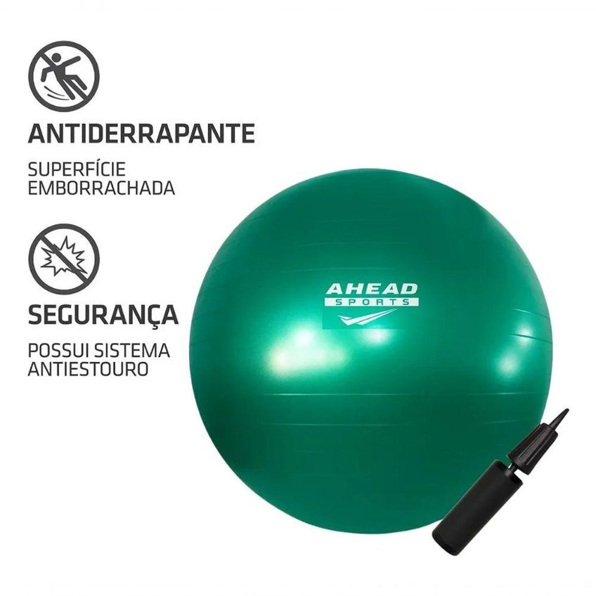 Bola De Pilates 75cm Ahead Sports As1225c Verde Com Bomba Anti Estouro Superfície Antiderrapante - imagem 3