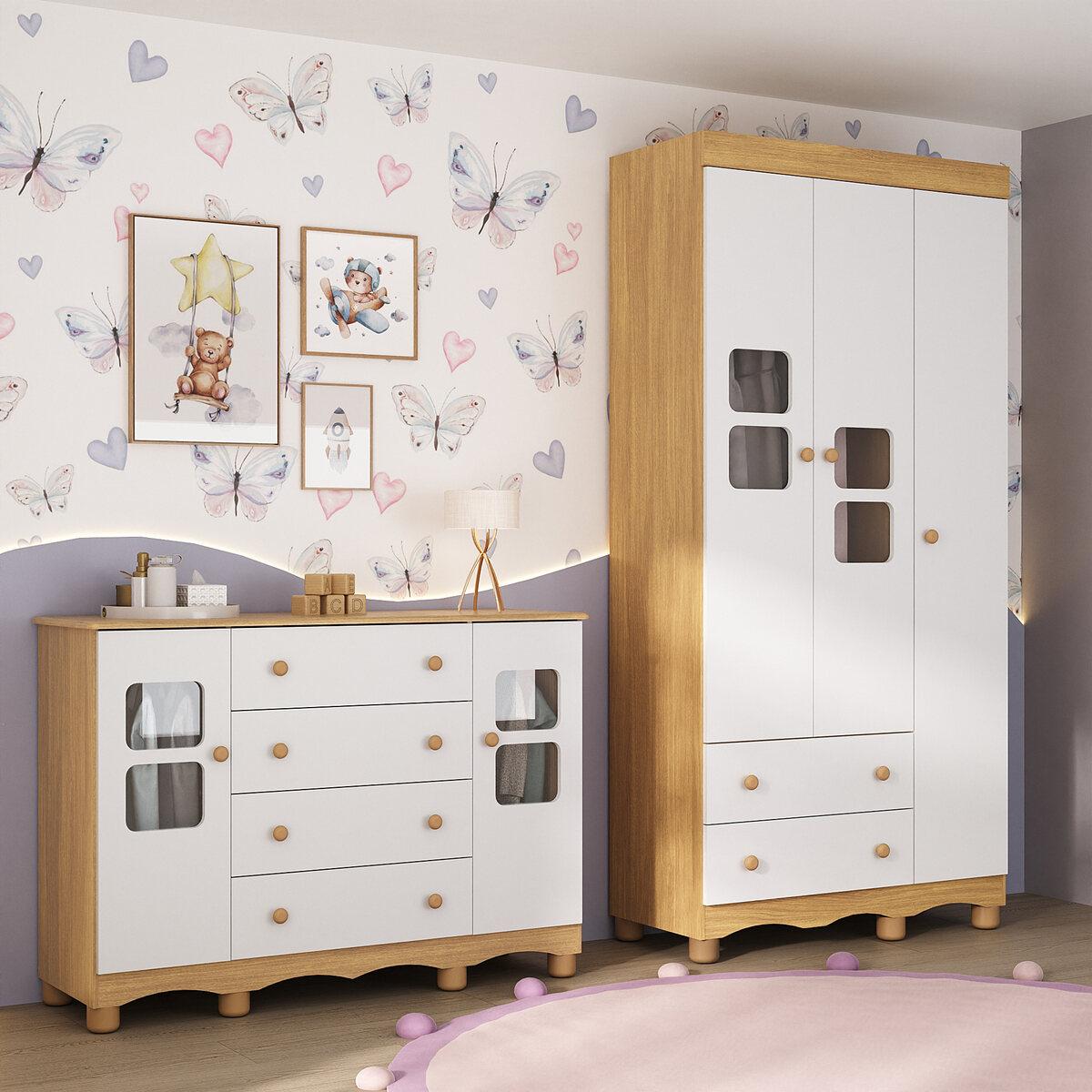 Quarto De Bebê Completo Com Guarda-roupas 3 Portas E Cômoda Luna Multimóveis Mp4798 Madeirado/branco