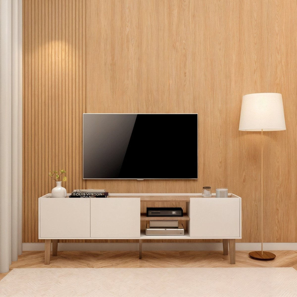 Rack Para Tv 50 Polegadas Moderno Com Nichos E Pés De Madeira Branco