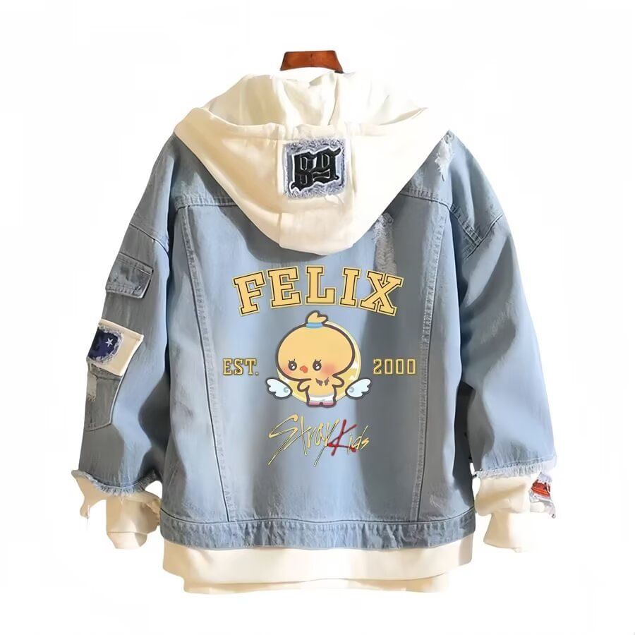 Stray Kids スキズ フィリックス ポガリ アウター デニムジャケット Jaqueta Jeans Com Capuz Stray Kids Skzoo Felix Bbokari Est.2000