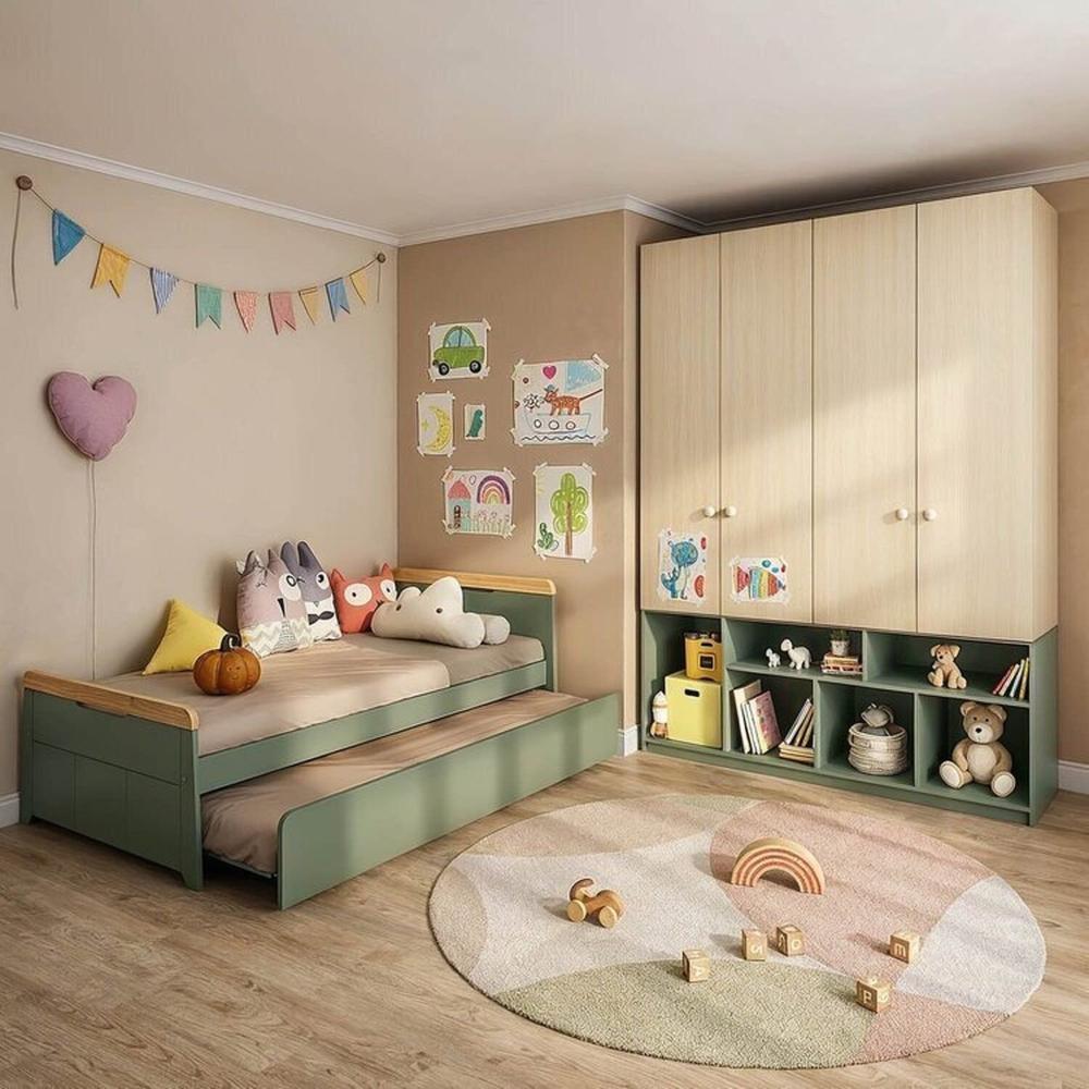 Quarto Completo Com Guardar-roupa Curió E Bicama Petit Casatema Madeiraoriginals Verde/mel