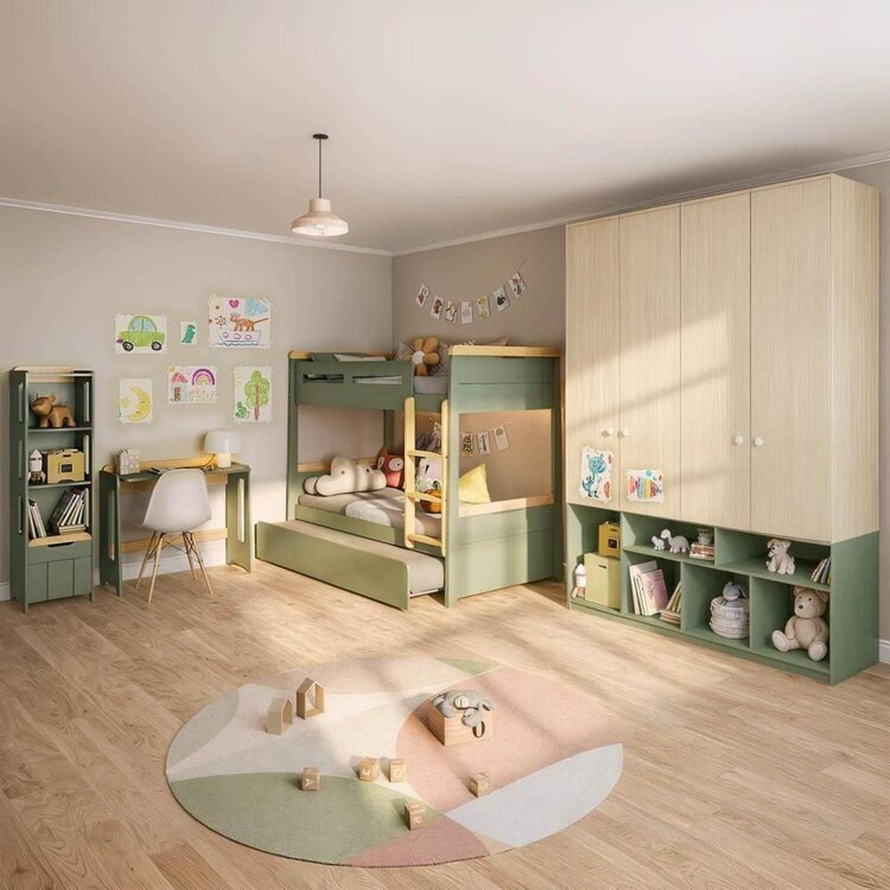 Quarto Completo Guardar-Roupa Curió, Treliche, Escrivaninha, Estante Petit Casatema Madeiraoriginals Verde/Mel