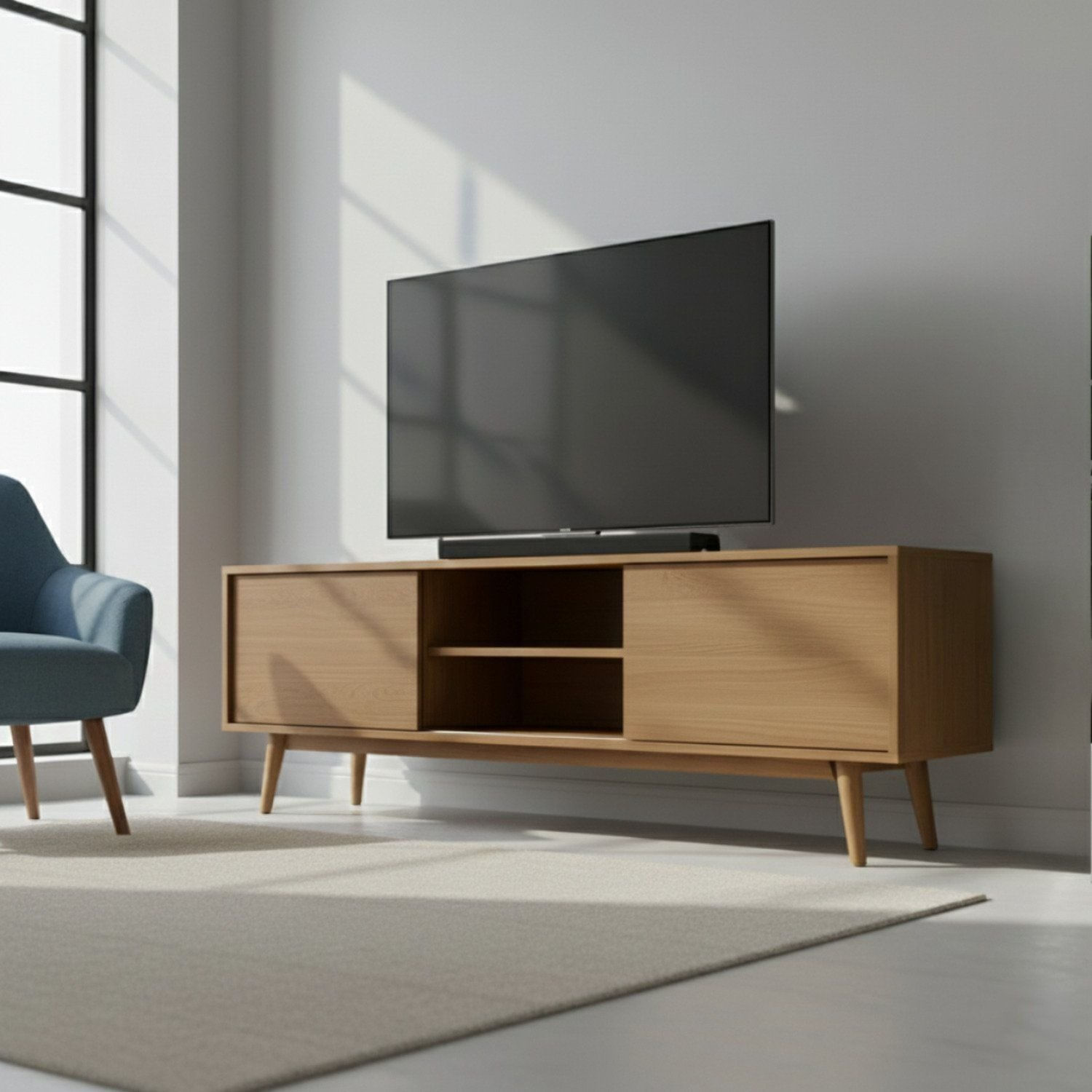 Rack Para Tv 75 Polegadas 2 Portas Correr Pés Madeira Maciça Origem Angelim