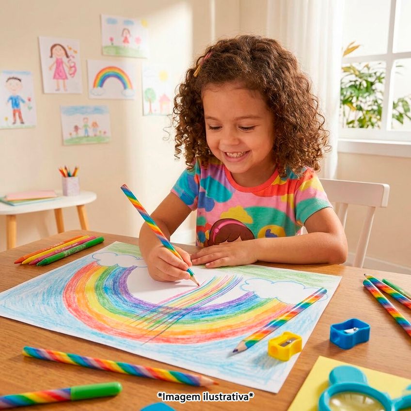 Kit Lápis Arco-Íris Grafite Multicolorido Apontador Maria Clara E Jp - imagem 2