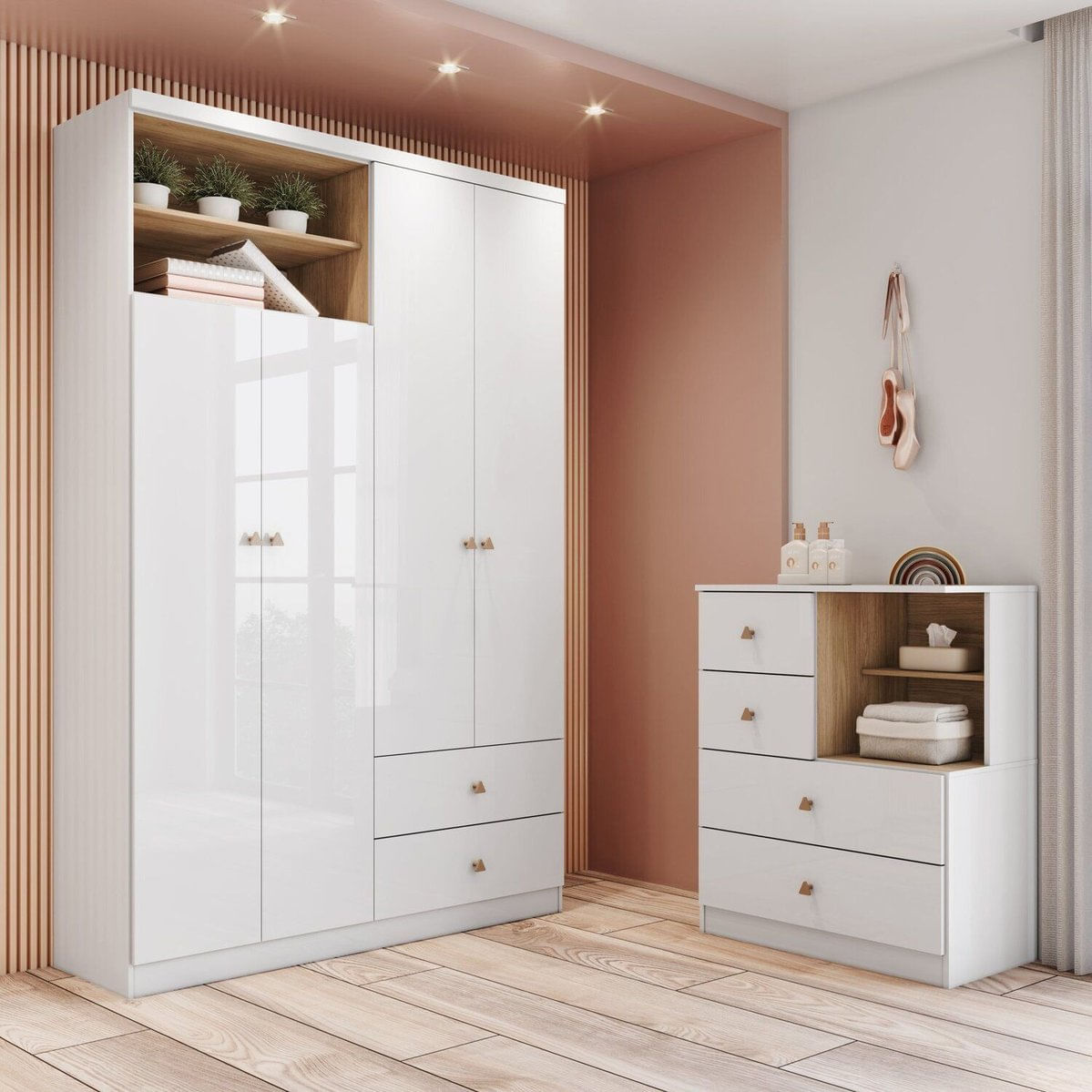 Quarto De Bebê Completo Cômoda E Roupeiro Malu Espresso Móveis Branco/Jequitibá Hp