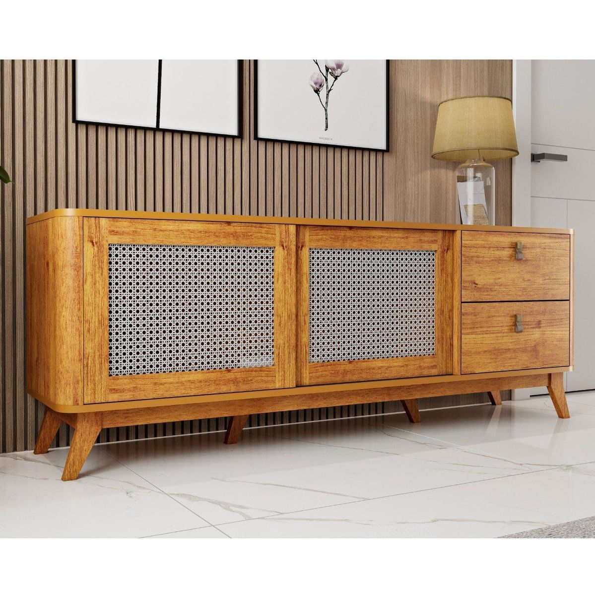 Rack Retro Para Tv De 75 Polegadas Portas Com Palhinha Delta Mel