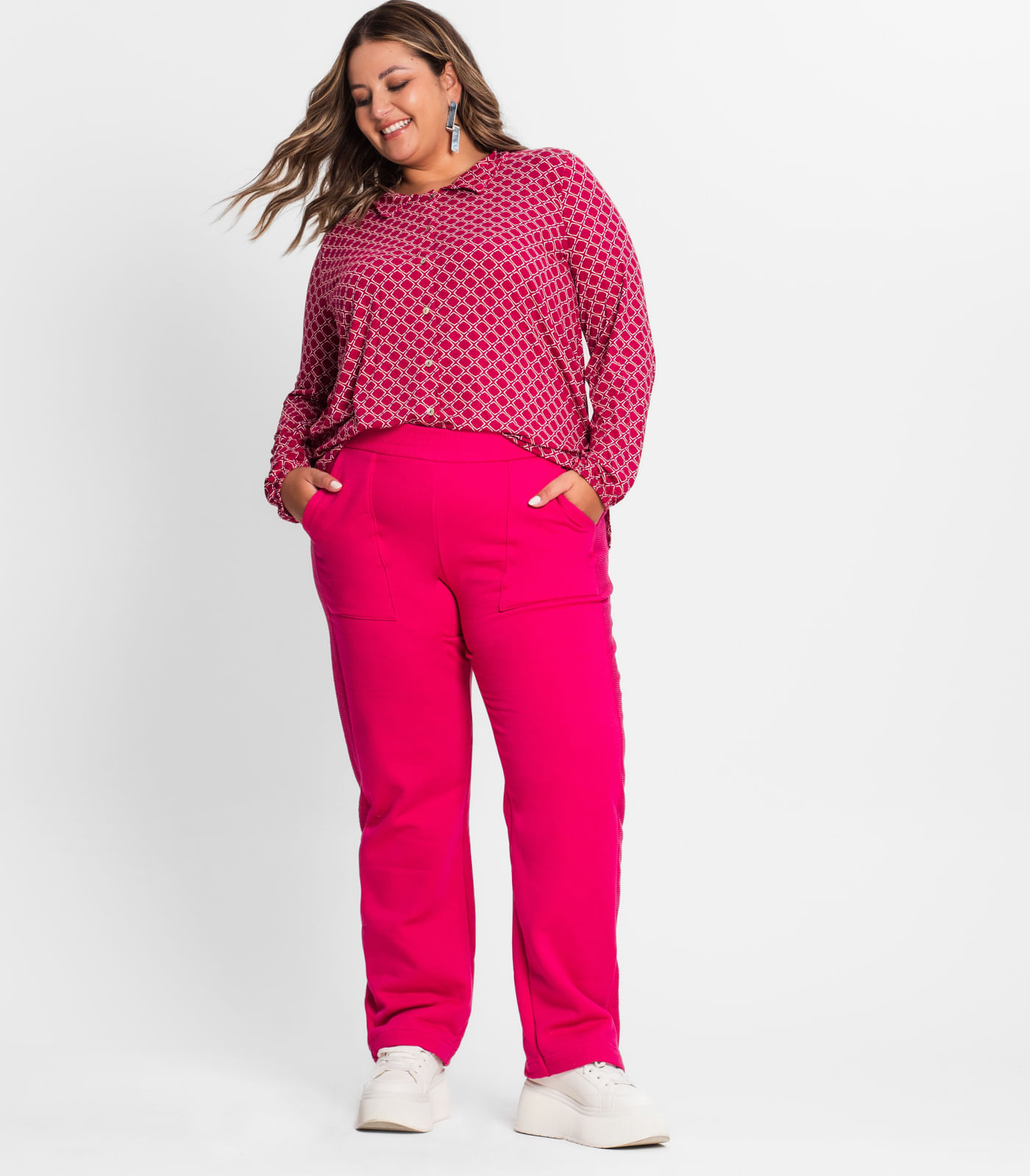 Calça Wide Leg Plus Size Secret Glam Rosa Plus G3