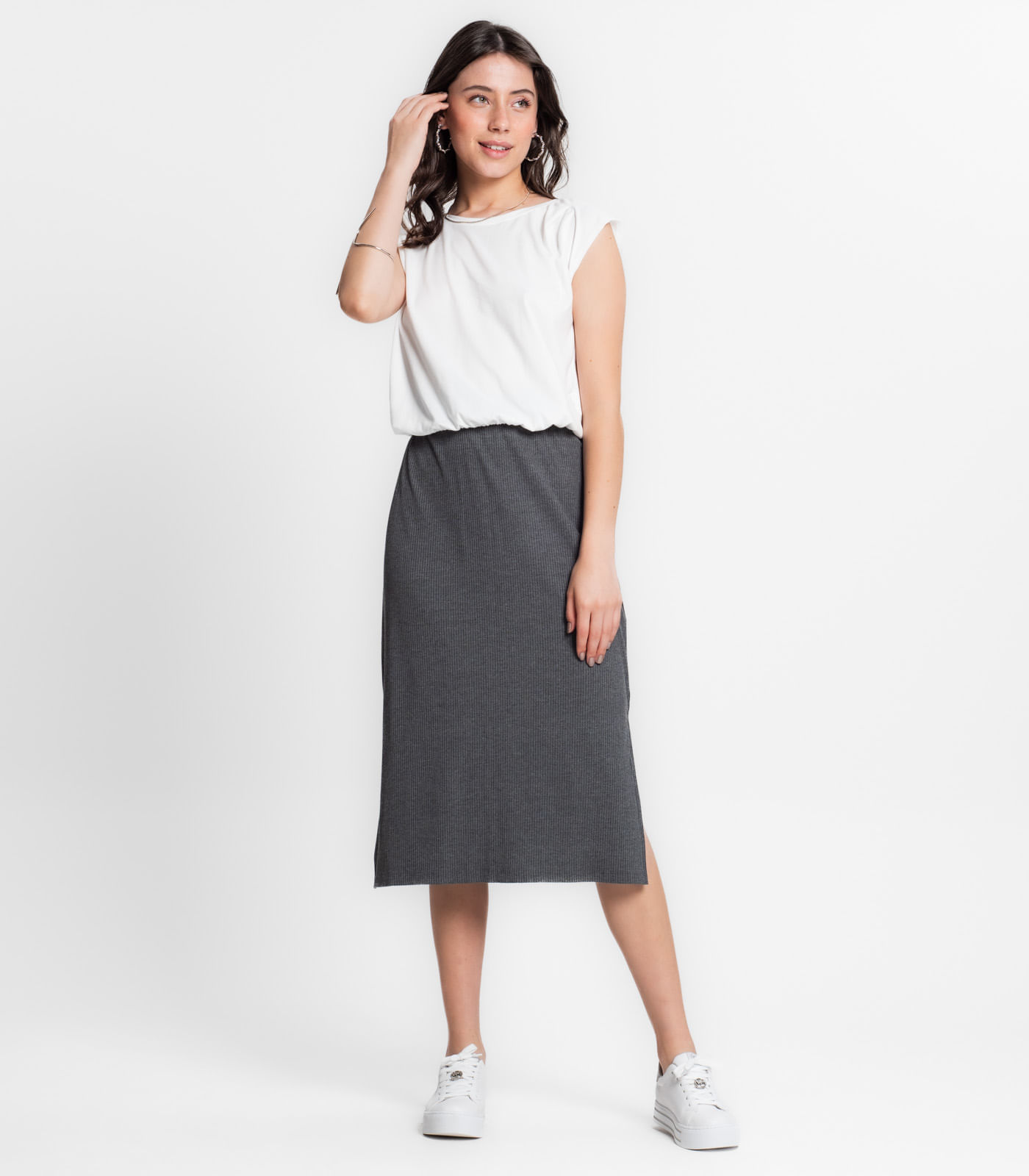 Saia Midi Canelada Infinita Cor Cinza P