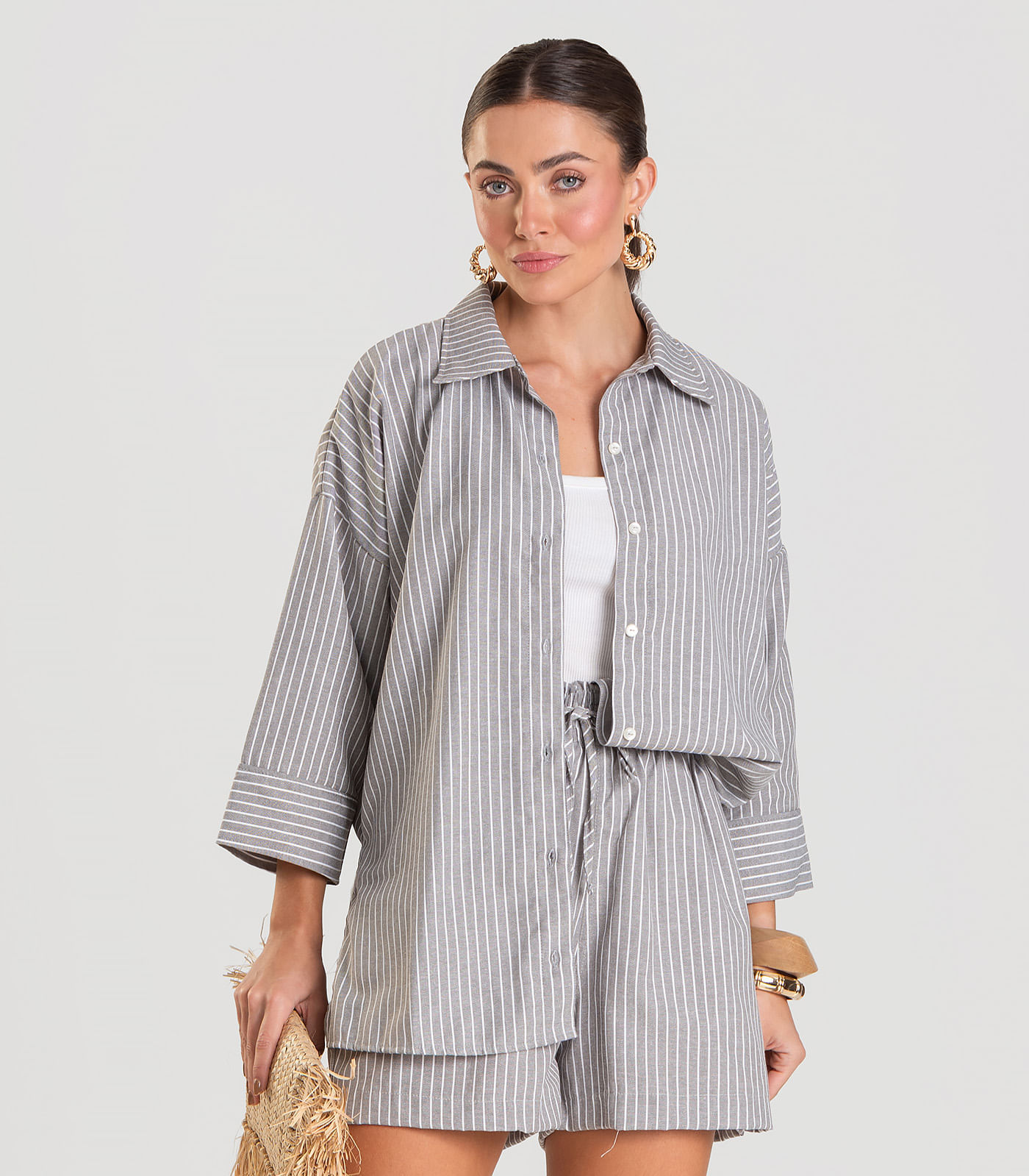 Shorts Feminino Listrado Dianna Cinza M