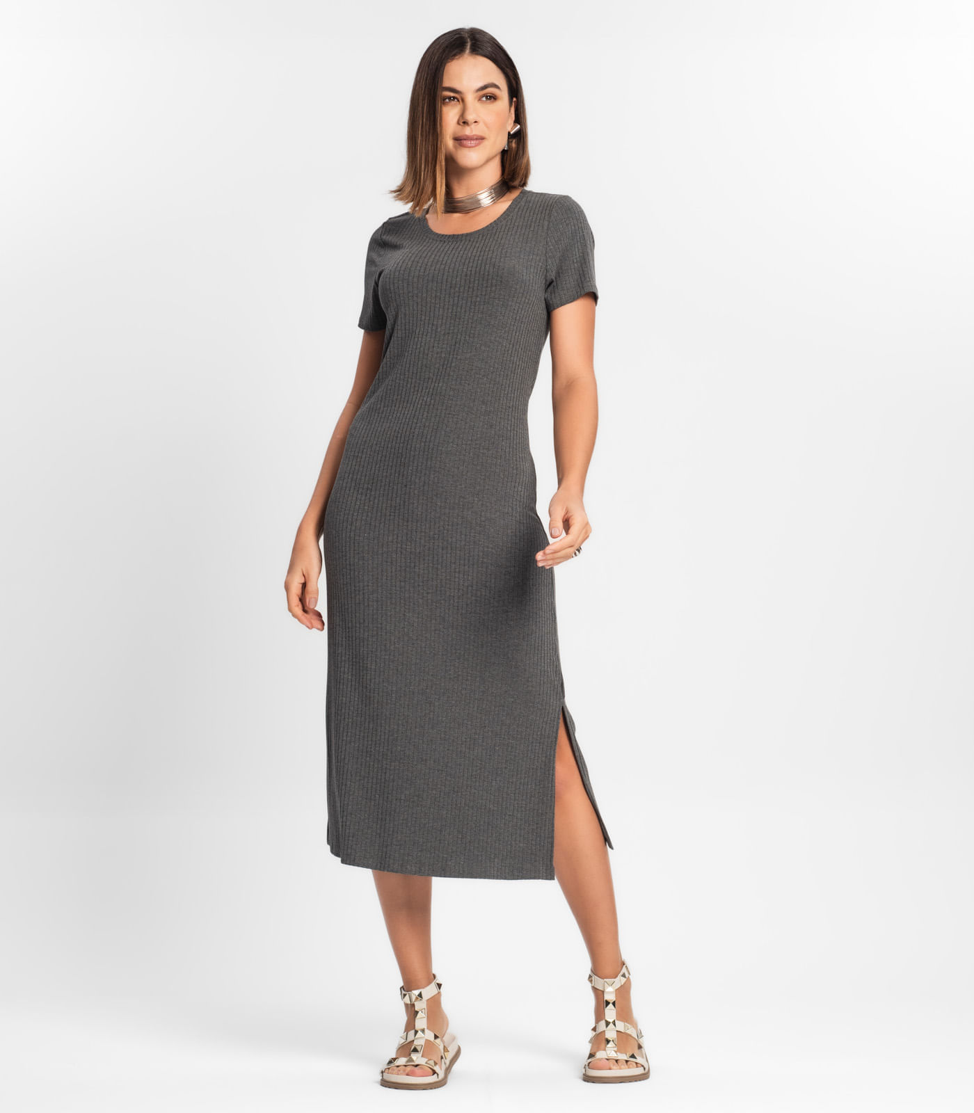 Vestido Midi Ribana Canelada Básico Rovitex Cinza P
