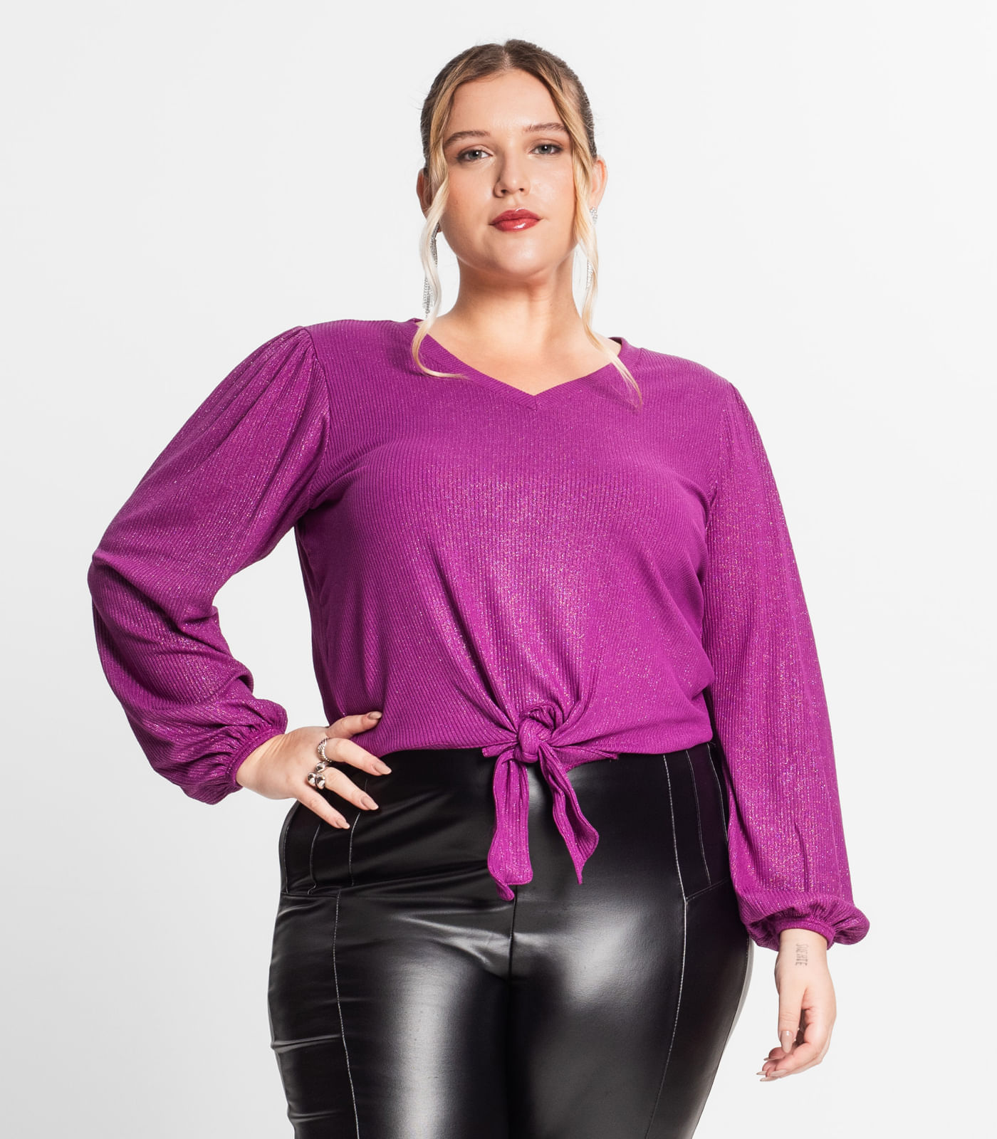 Blusa Manga Longa Em Ribana Canelada Secret Glam Roxo Plus G2