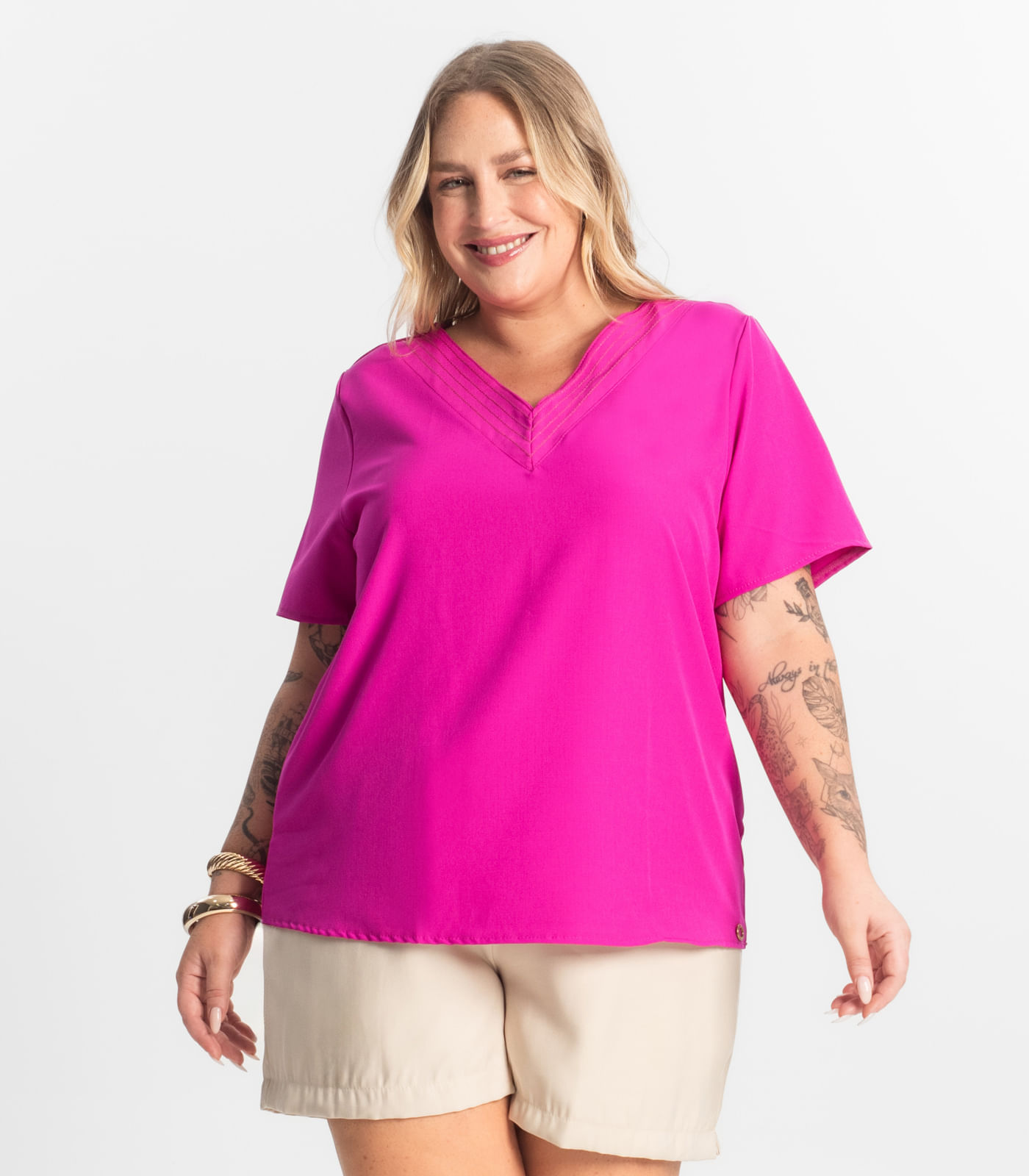 Blusa Manga Curta Plus Size Secret Glam Rosa Plus G1