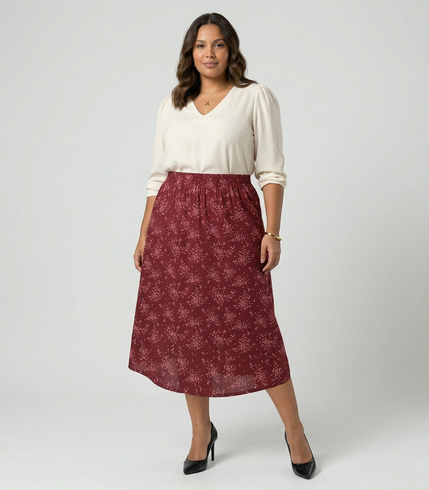 Saia Midi Estampada Plus Size Secret Glam Vermelho Plus G2