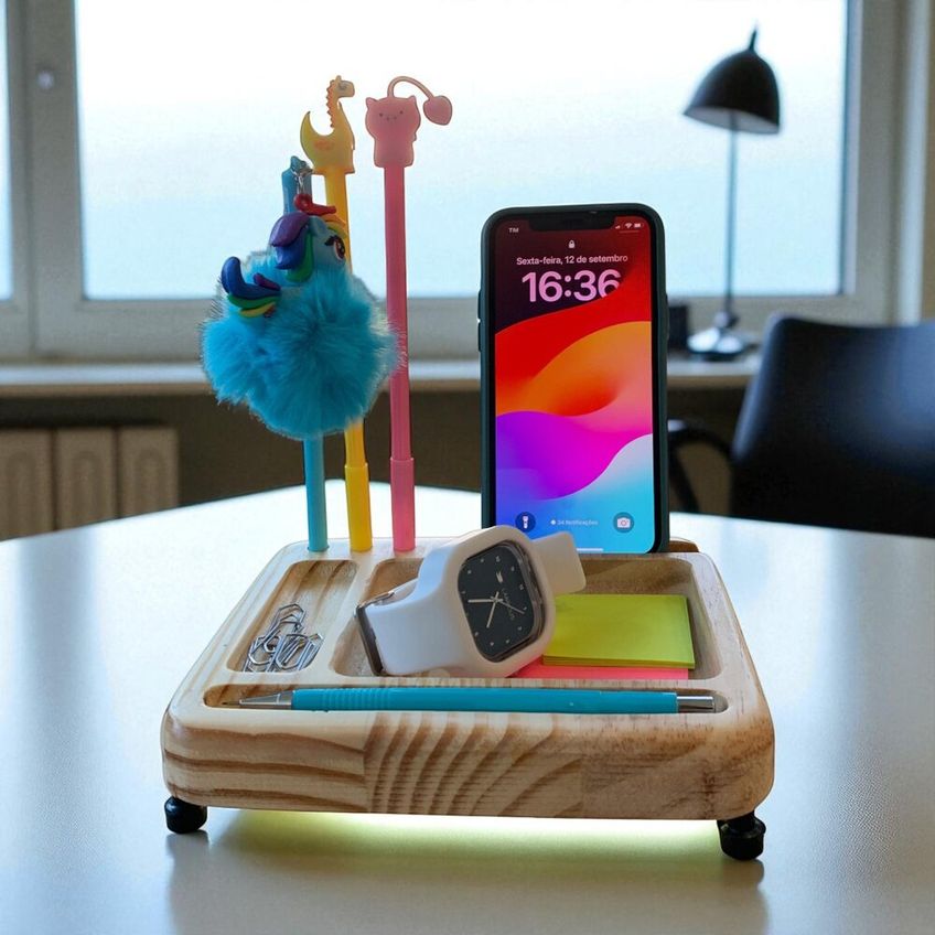 Organizador De Mesa Iluminado Em Madeira - Porta Canetas, Celular E Post-it - imagem 4