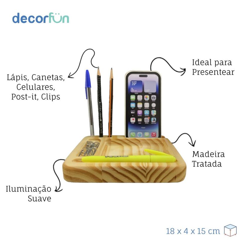 Organizador De Mesa Iluminado Em Madeira - Porta Canetas, Celular E Post-it - imagem 5